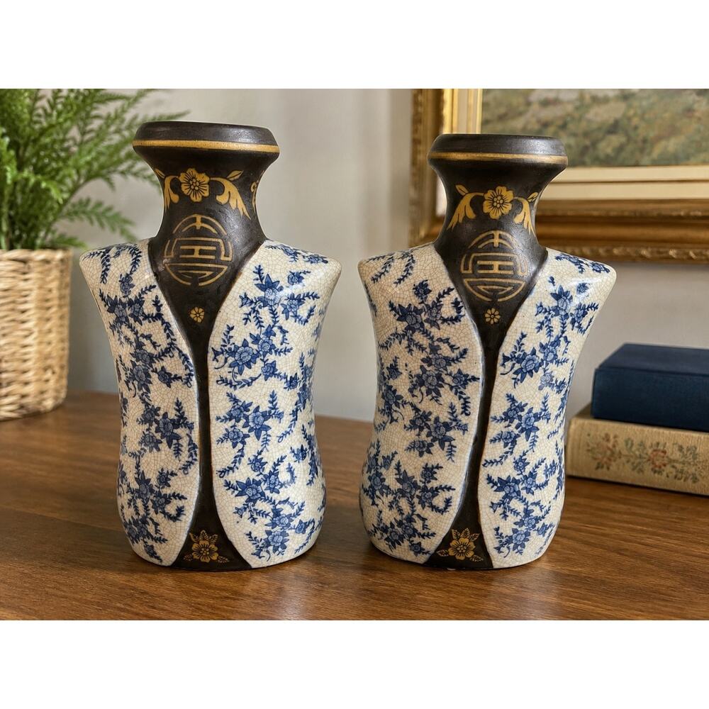 Pair Blue White Crackle Glaze Chinoiserie Style Ceramic Vases Made In China